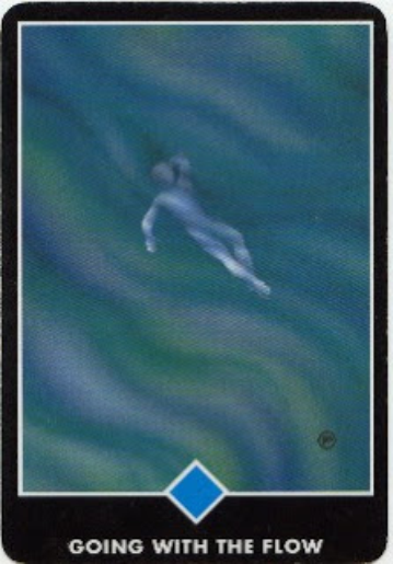 Copy of "Going with the flow" a card from the Osho Zen tarot of a person carries by a flow of water.